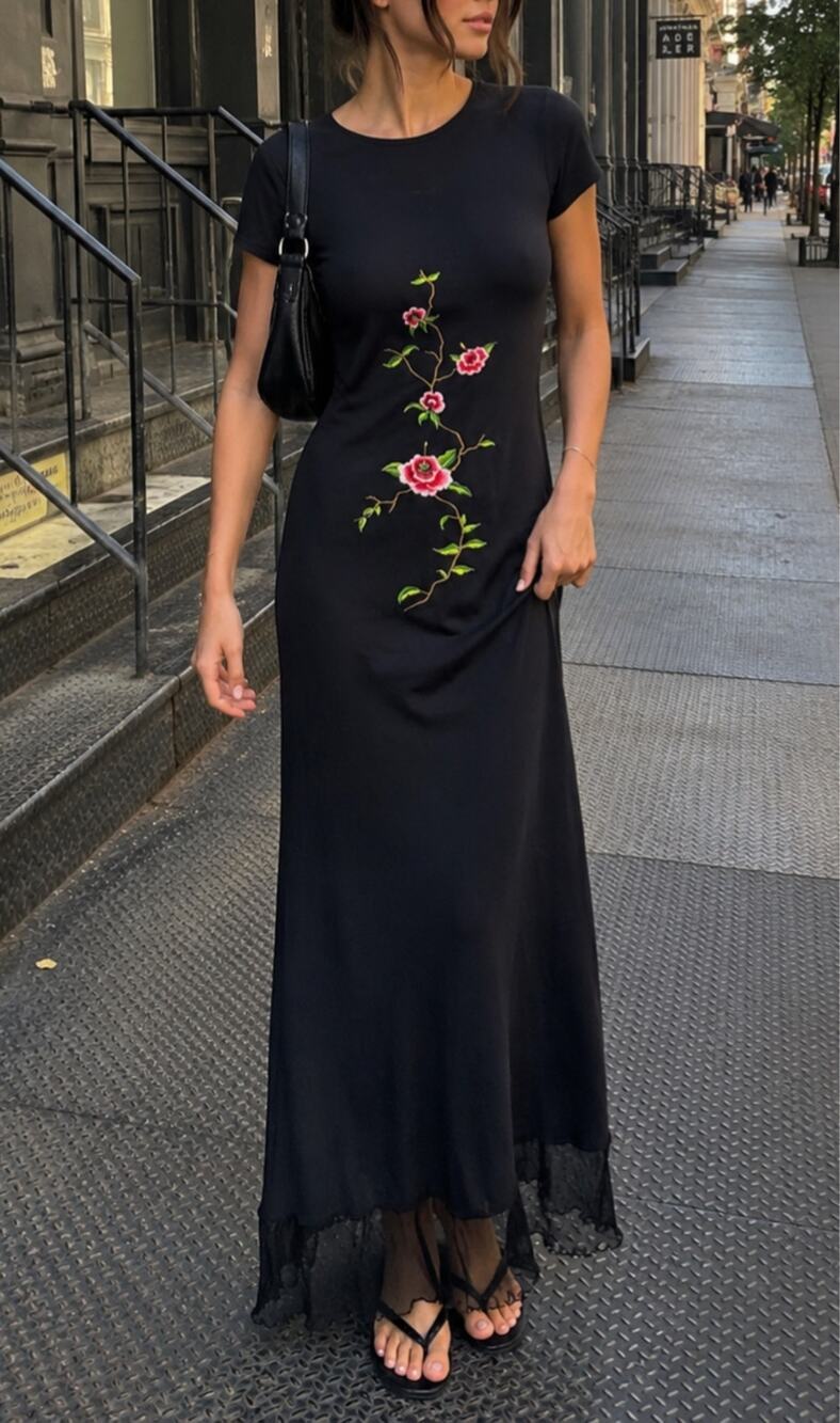 Vintage My Michelle Floral Embroidered Mesh Maxi Dress 90s Grunge Black Small